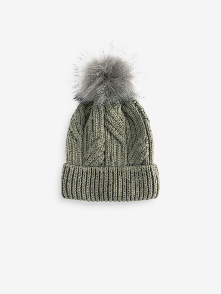 Khaki Green Cable Knit Pom Hat - Image 4 of 6
