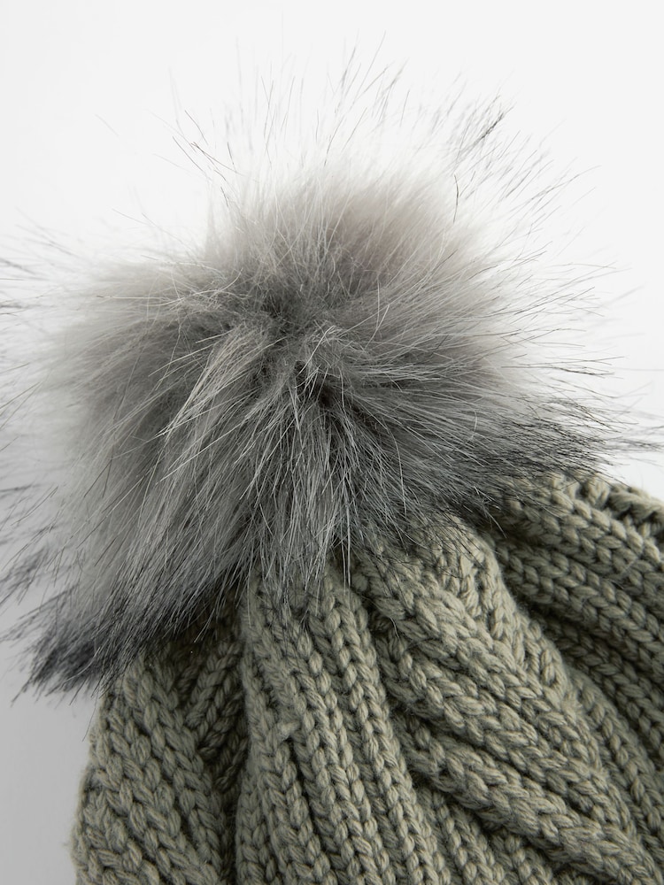 Khaki Green Cable Knit Pom Hat - Image 6 of 6