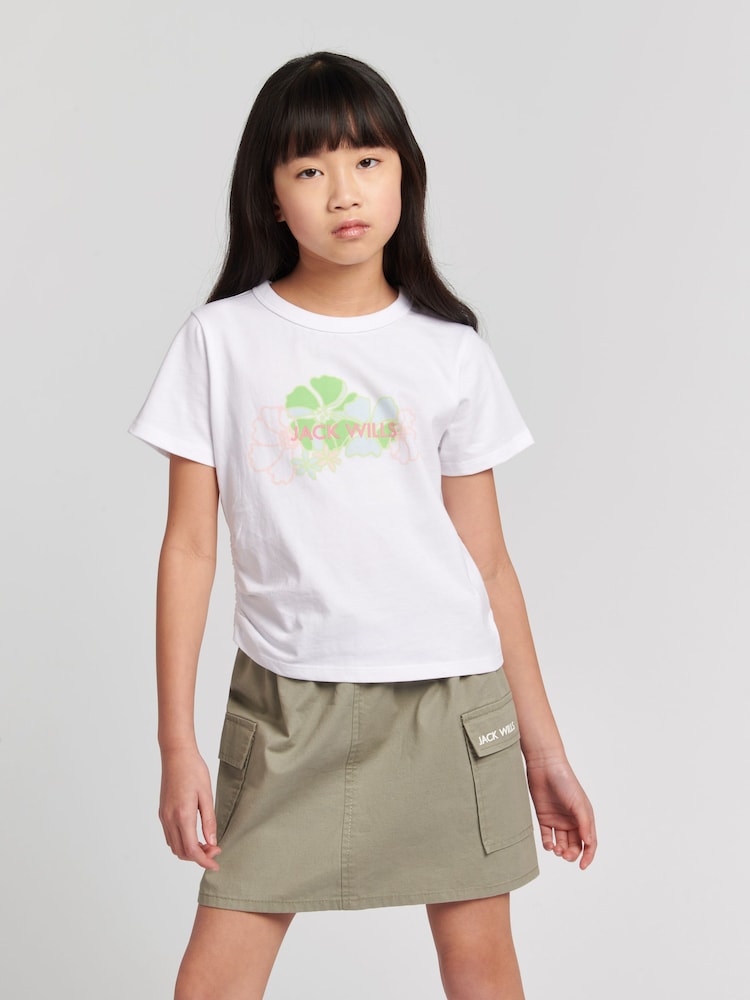 Jack Wills White Girls Ruched Floral Graphic Fitted 100% Cotton T-Shirt - Image 1 of 7