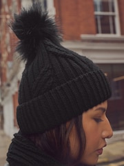 Black Cable Knit Pom Hat - Image 3 of 6