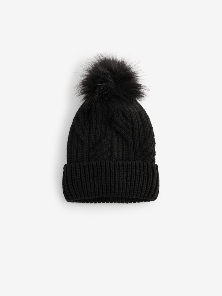 Black Cable Knit Pom Hat - Image 4 of 6