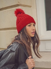 Red Cable Knit Pom Hat - Image 1 of 6