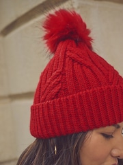 Red Cable Knit Pom Hat - Image 3 of 6