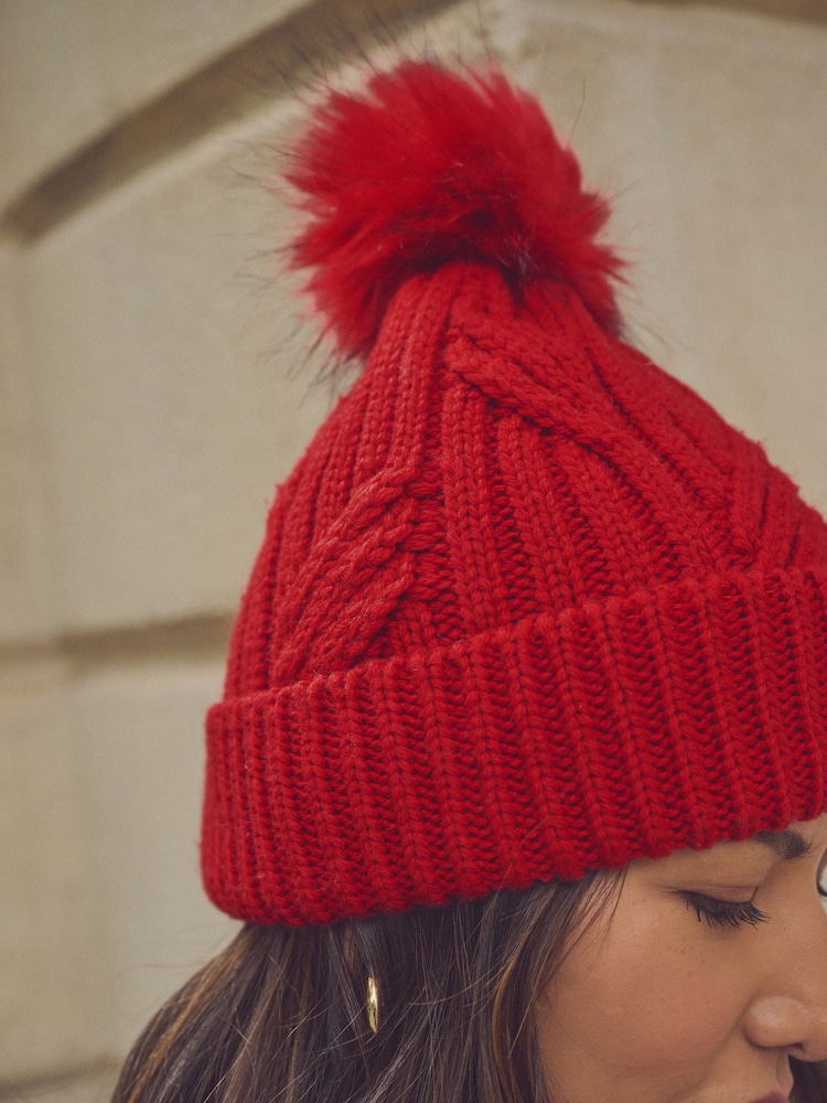 Red Cable Knit Pom Hat - Image 3 of 6