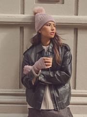 Pink with Gold Sparkle Cable Knit Pom Hat - Image 1 of 7