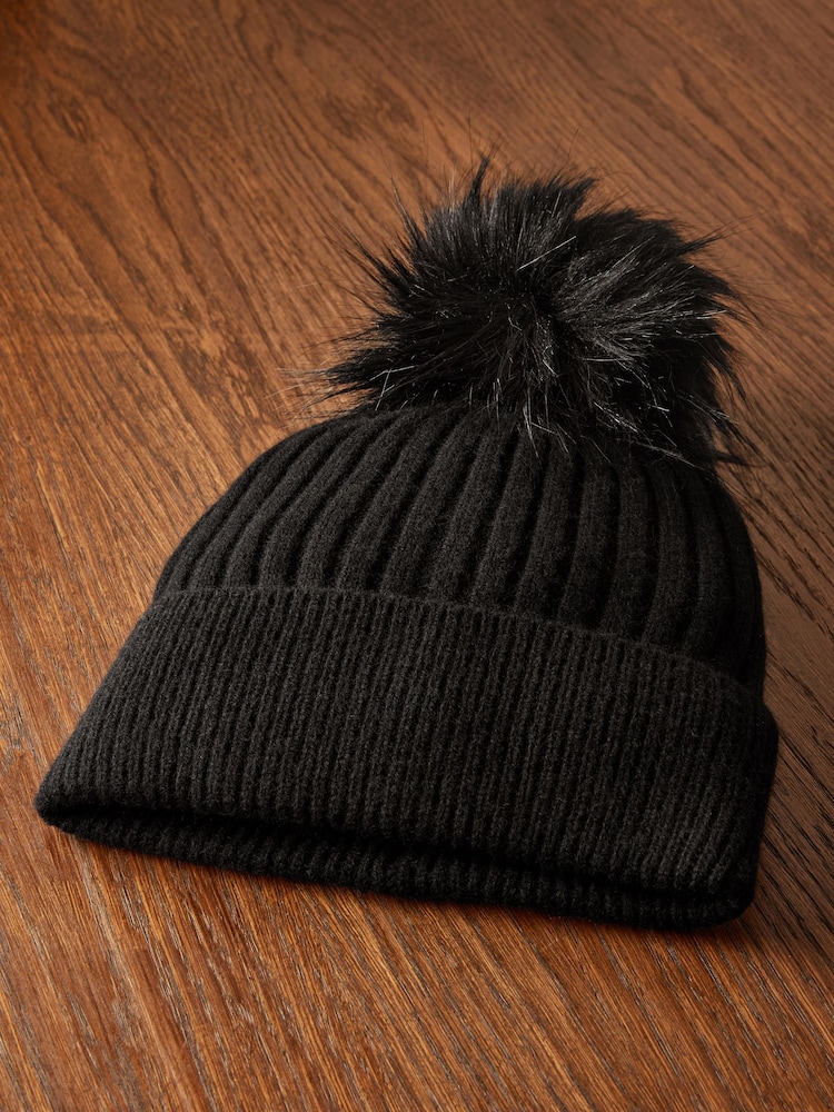 Schwarz - Strickmütze aus 100 % Kaschmir mit Bommel - Image 5 of 7