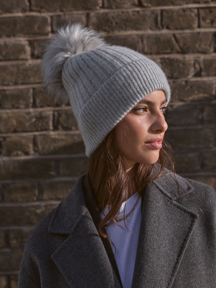Grey 100% Cashmere Knitted Pom Hat - Image 1 of 5