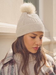 Oatmeal with Silver Sparkle Cable Knit Pom Hat - Image 1 of 6