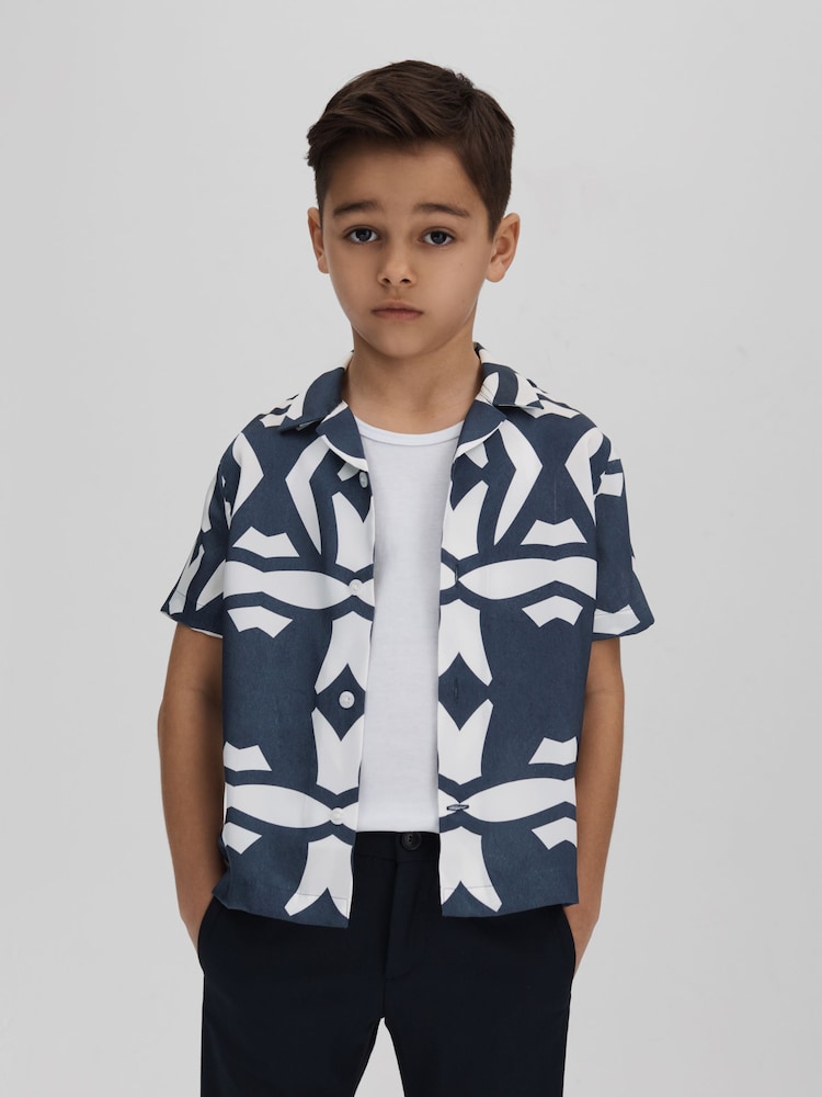 Reiss Airforce Blue/White Purkiss 9-13 yrs Printed Cuban Collar Shirt - Image 1 of 4