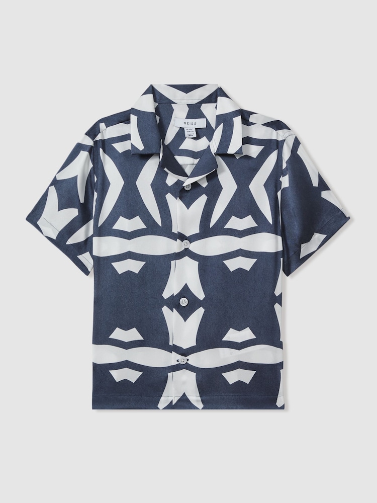 Reiss Airforce Blue/White Purkiss 9-13 yrs Printed Cuban Collar Shirt - Image 2 of 4