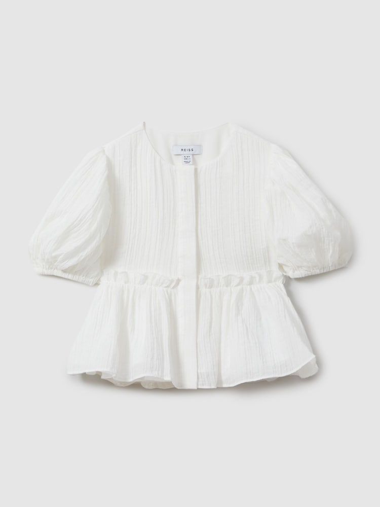 Reiss Ivory Matty 13-14 yrs Puff Sleeve Peplum Top - Image 1 of 4