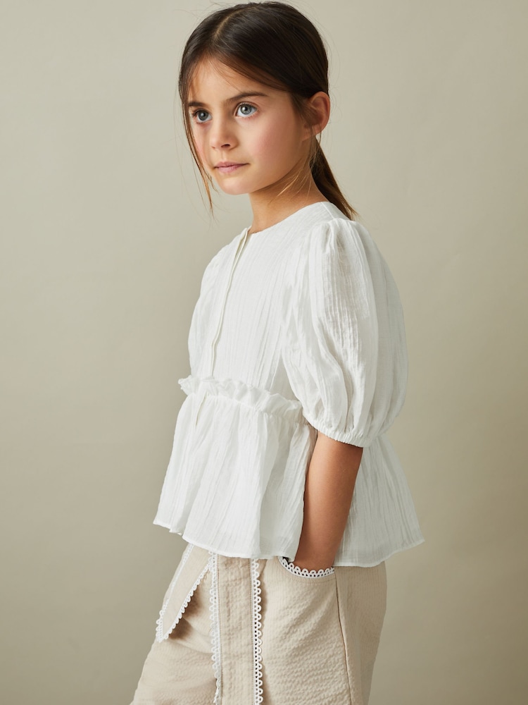 Reiss Ivory Matty 13-14 yrs Puff Sleeve Peplum Top - Image 2 of 4