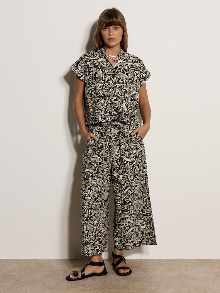 Apricot Black Leaf Print Cotton Culotte Trousers - Image 1 of 4