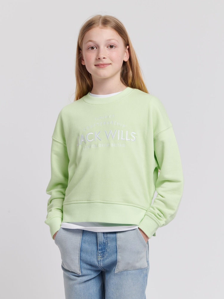 Jack Wills Green Loose Fit Girls 100% Cotton Huntston Crew Sweatshirt - Image 1 of 7