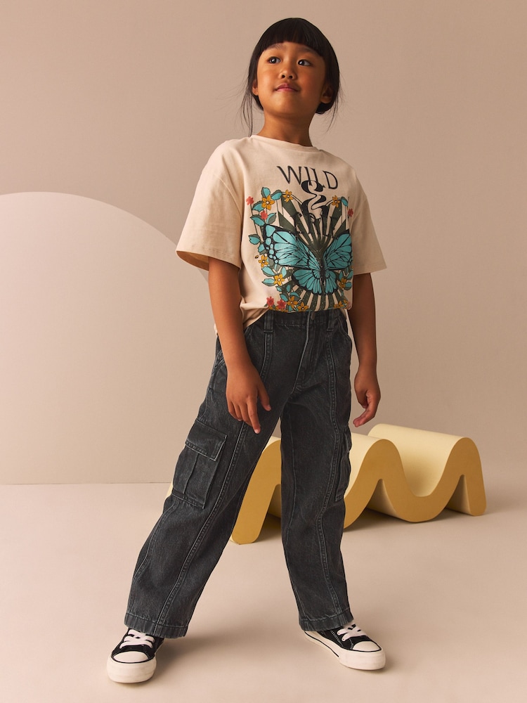 Charcoal Grey Wide Leg 100% Cotton Cargo Trousers (3-16yrs) - Image 1 of 1