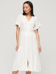 Superdry White Embroidered Tiered Midi Dress - Image 1 of 10