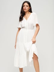 Superdry White Embroidered Tiered Midi Dress - Image 3 of 10