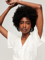Superdry White Embroidered Tiered Midi Dress - Image 6 of 10