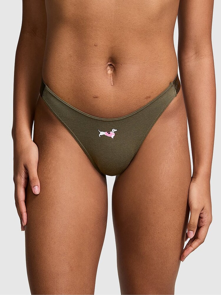 Victoria's Secret PINK Olive Green Thong Cotton Logo Knickers - Image 1 of 3