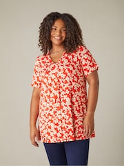 Live Unlimited Red Curve Ditsy Print Jersey Pleat Front Top - Image 1 of 7
