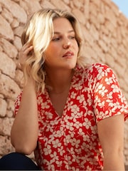 Live Unlimited Red Curve Ditsy Print Jersey Pleat Front Top - Image 5 of 7