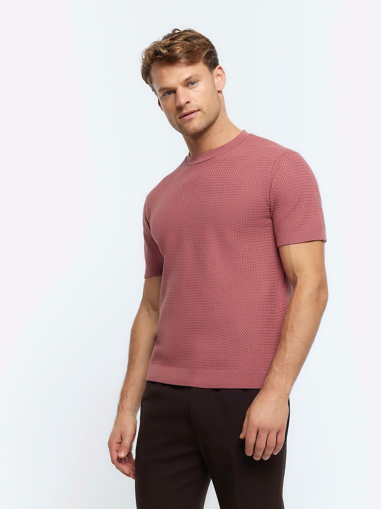 River Island Pink Textured Knitted T-Shirt - Image 1 of 4