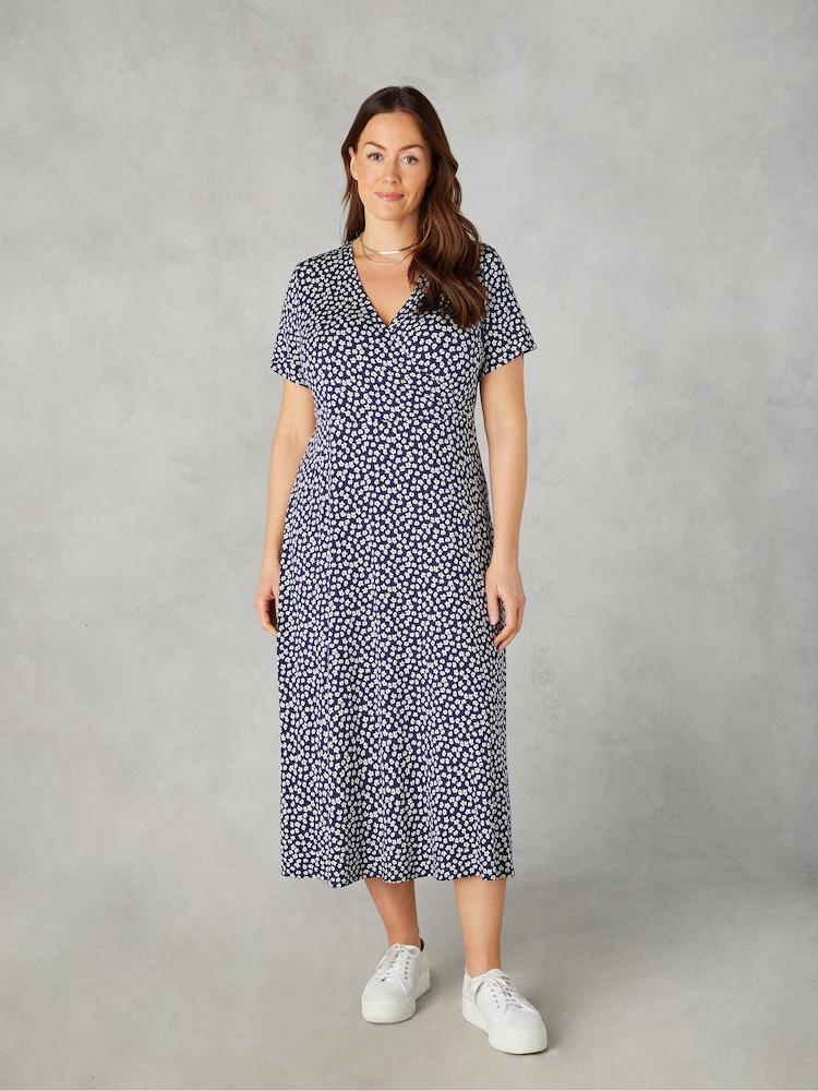 Live Unlimited Blue Curve Petite Ditsy Print Jersey Wrap Midi Dress - Image 1 of 4 Live Unlimited Blue Curve Petite Ditsy Print Jersey Wrap Midi Dress - Image 1 of 4