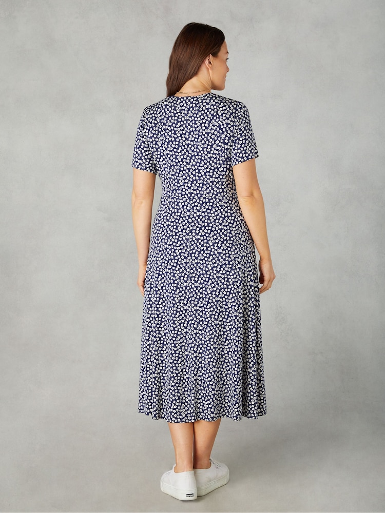 Live Unlimited Blue Curve Petite Ditsy Print Jersey Wrap Midi Dress - Image 2 of 4 Live Unlimited Blue Curve Petite Ditsy Print Jersey Wrap Midi Dress - Image 2 of 4