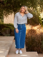Live Unlimited Grey Curve Leaf Print Shirred Neck Blouse - Image 1 of 8