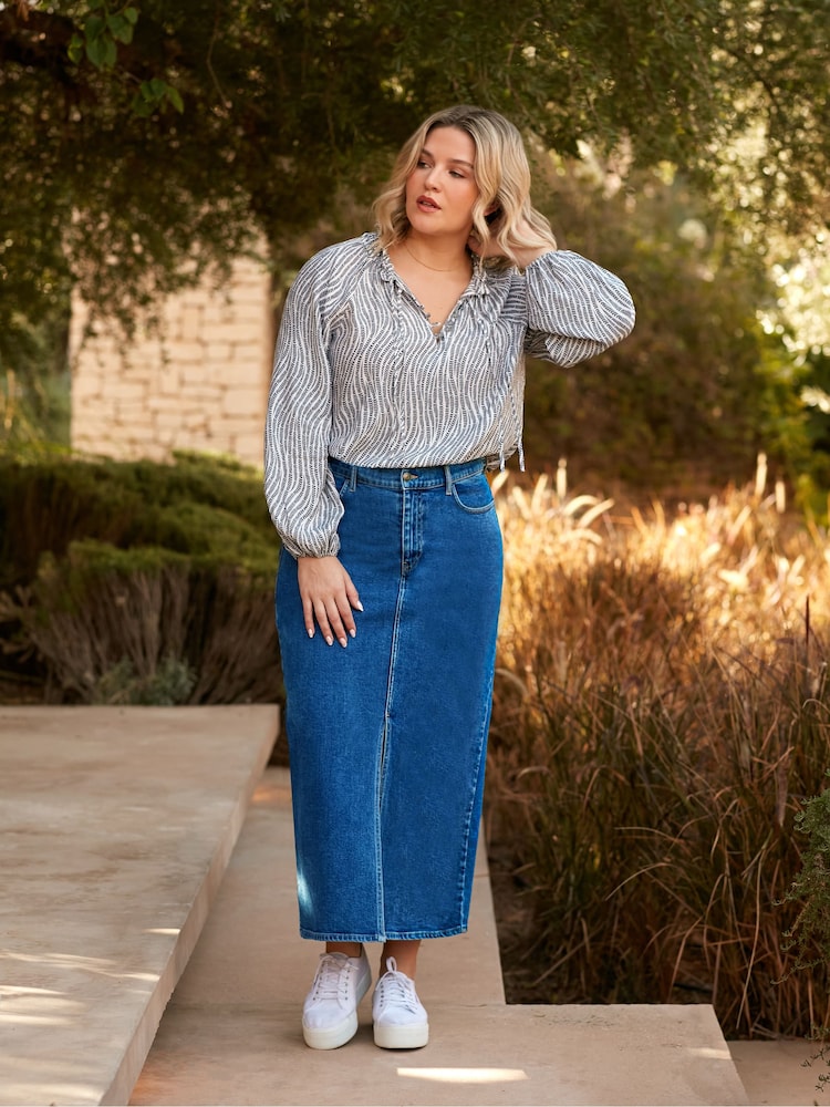Live Unlimited Grey Curve Leaf Print Shirred Neck Blouse - Image 1 of 8