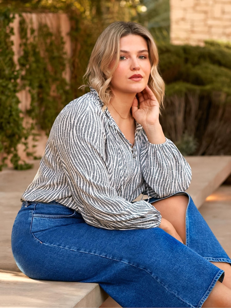 Live Unlimited Grey Curve Leaf Print Shirred Neck Blouse - Image 2 of 8
