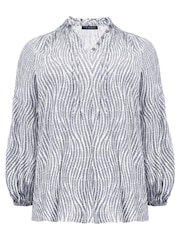 Live Unlimited Grey Curve Leaf Print Shirred Neck Blouse - Image 7 of 8