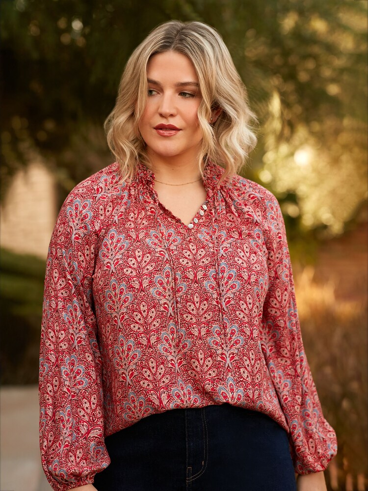 Live Unlimited Red Paisley Print Shirred Neck Blouse - Image 1 of 7