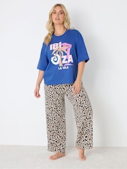 Yours Curve Blue Ibiza Print Sleep T-Shirt & Wide Leg Bottoms Pyjamas Set - Image 2 of 5