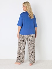 Yours Curve Blue Ibiza Print Sleep T-Shirt & Wide Leg Bottoms Pyjamas Set - Image 3 of 5