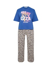 Yours Curve Blue Ibiza Print Sleep T-Shirt & Wide Leg Bottoms Pyjamas Set - Image 4 of 5