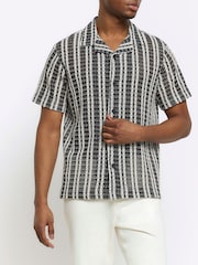 River Island Black Regular Fit Mono Stripe Crochet Revere 100% Cotton Shirt - Image 1 of 4
