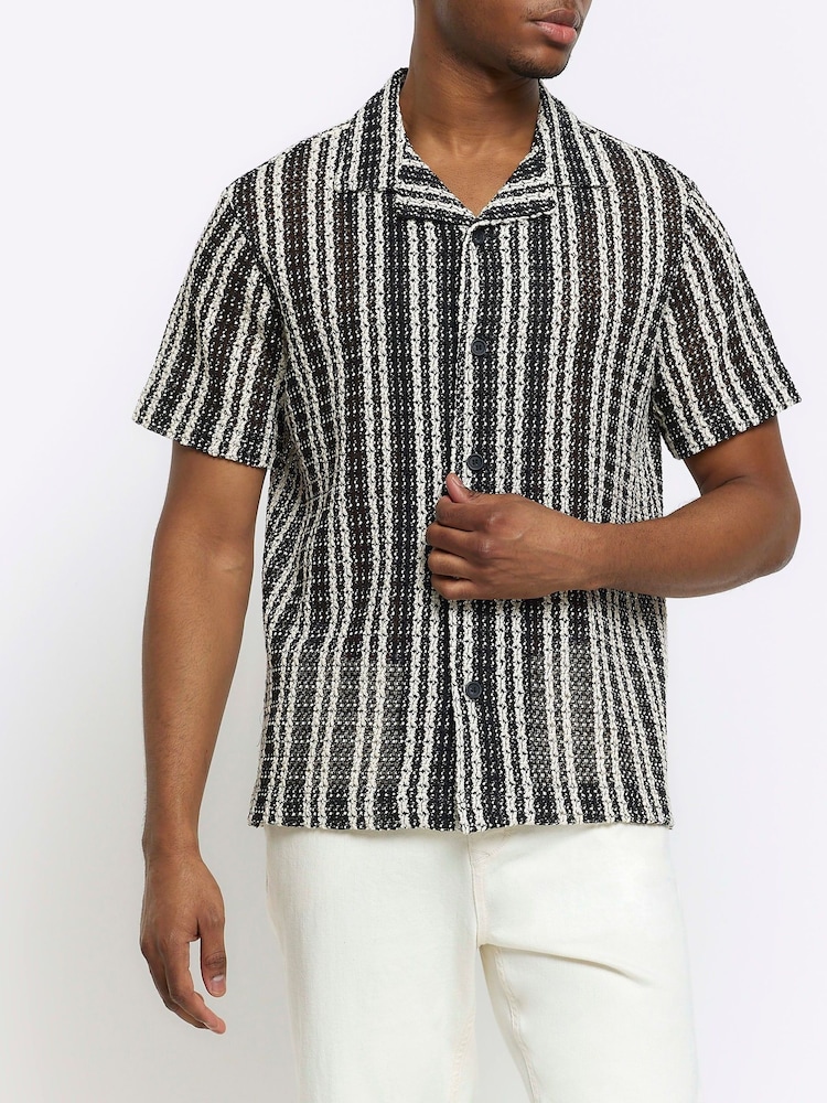 River Island Black Regular Fit Mono Stripe Crochet Revere 100% Cotton Shirt - Image 1 of 4