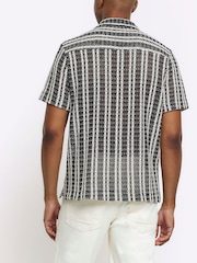 River Island Black Regular Fit Mono Stripe Crochet Revere 100% Cotton Shirt - Image 2 of 4