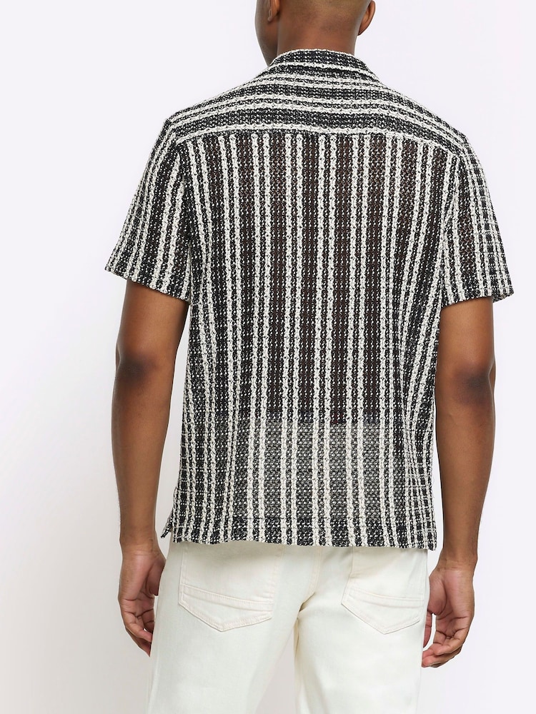 River Island Black Regular Fit Mono Stripe Crochet Revere 100% Cotton Shirt - Image 2 of 4