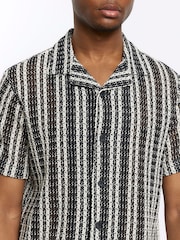 River Island Black Regular Fit Mono Stripe Crochet Revere 100% Cotton Shirt - Image 3 of 4