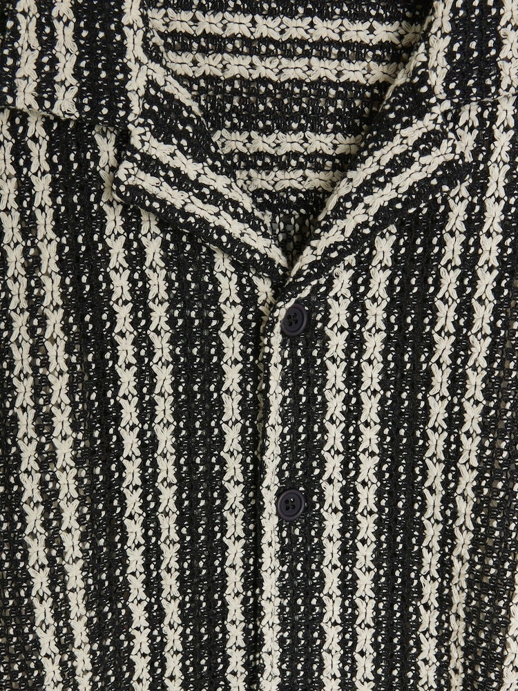 River Island Black Regular Fit Mono Stripe Crochet Revere 100% Cotton Shirt - Image 4 of 4