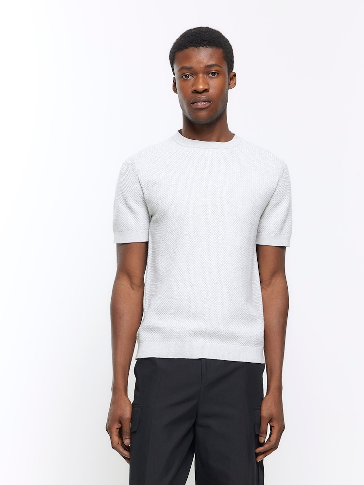 River Island Grey Textured Knitted T-Shirt - Image 1 of 4