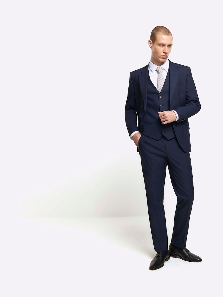 River Island Blue Plain Slim Fit Suit Waistcoat - Image 1 of 3