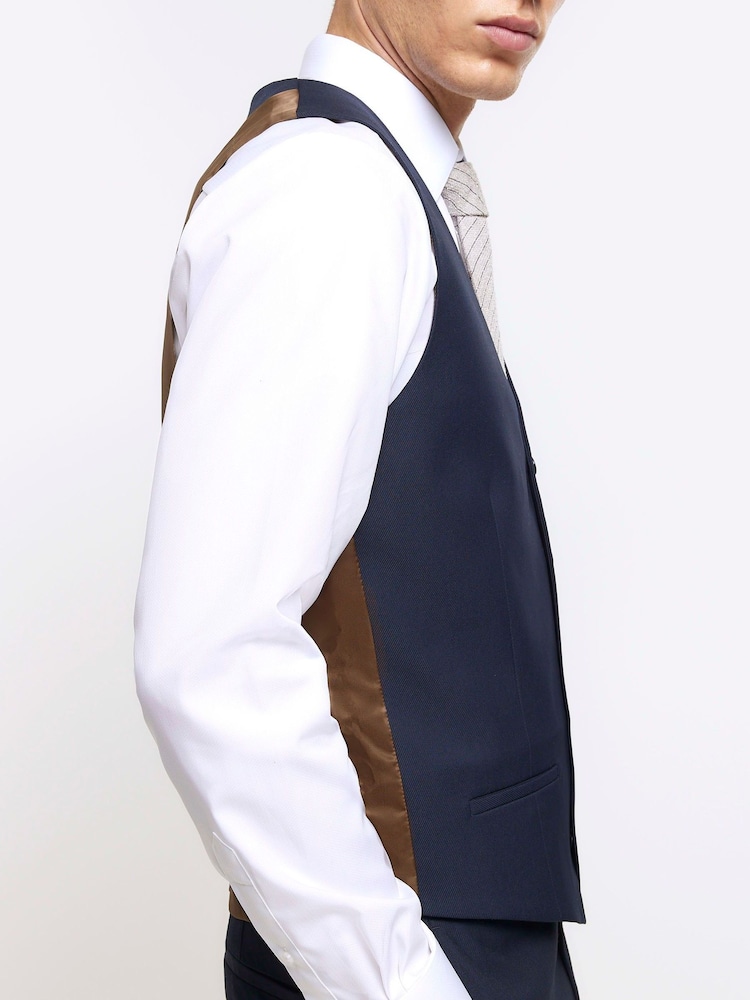 River Island Blue Plain Slim Fit Suit Waistcoat - Image 3 of 3