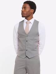 River Island Grey Plain 100% Cotton Suit Waistcoat - Image 1 of 4