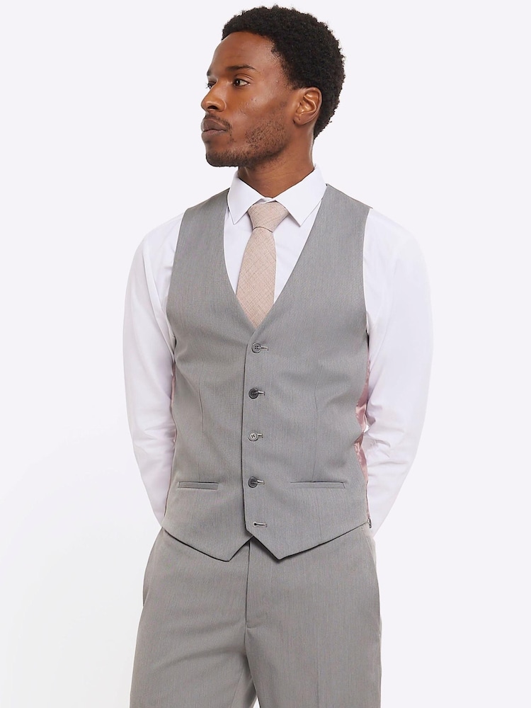 River Island Grey Plain 100% Cotton Suit Waistcoat - Image 1 of 4