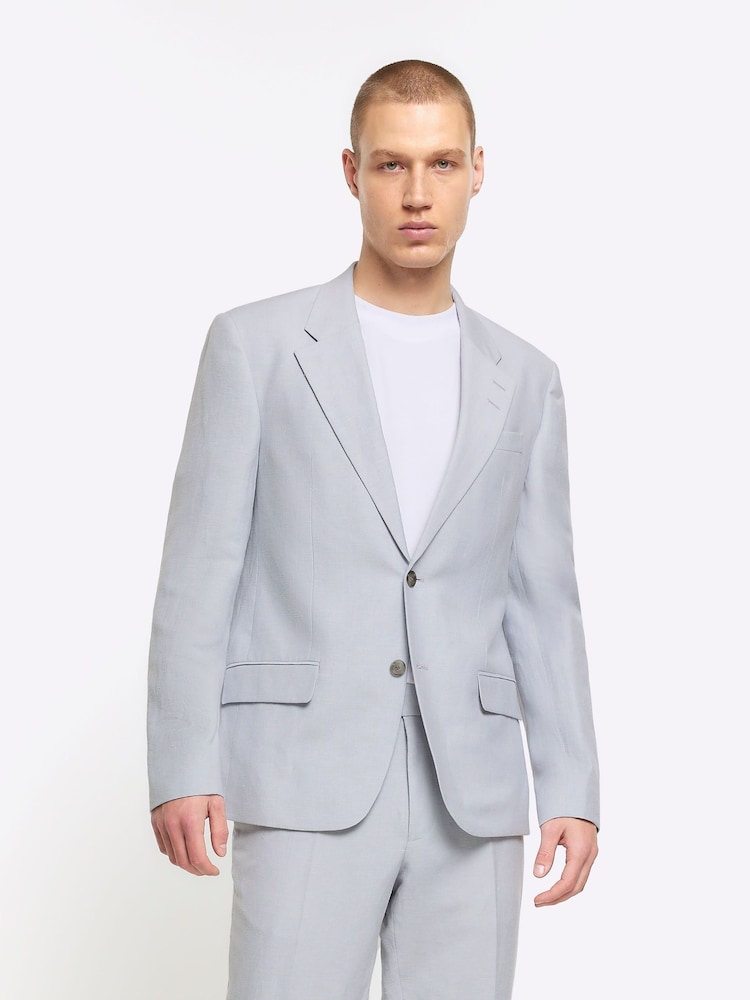 River Island Blue Slim Single Breasted Linen Suit - Image 1 of 4