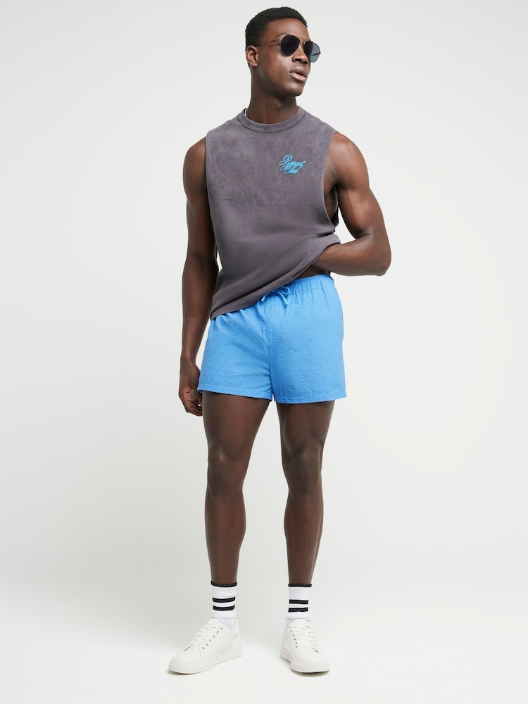 River Island Blue Regular Fit Seersucker Swim Shorts - Image 1 of 4