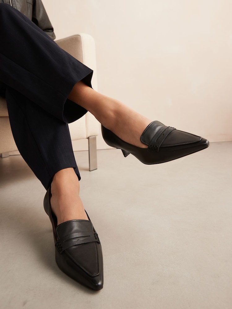 Black Forever Comfort® Leather Point Kitten Loafer Heels - Image 1 of 7
